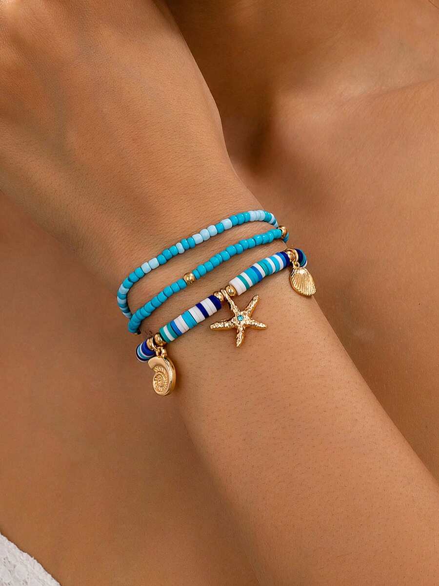3 Peças Conjunto de Pulseiras Boêmias de Férias com Contas, Polímero de Argila, Estrela do Mar e Conchas, Acessórios de Estilo Praia - Azul - Visão 1