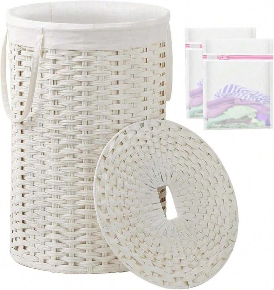SETVSON Large Laundry Hamper Laundry Basket Round 34.3 Gal (130 L) Handwoven Wicker Laundry Baskets Rattan Laundry Basket With Laundry Bag Handles 2 Mesh Bags For Living Room Bedroom White - White - View 1