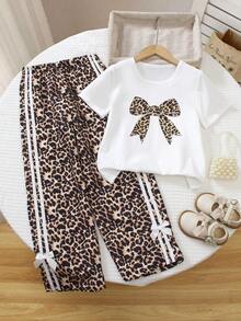 Set de 2 piezas de blusa con corbata de moño con estampado de leopardo y pantalones anchos casuales para niñas preadolescentes, primavera/verano - Blanco - Ver 1