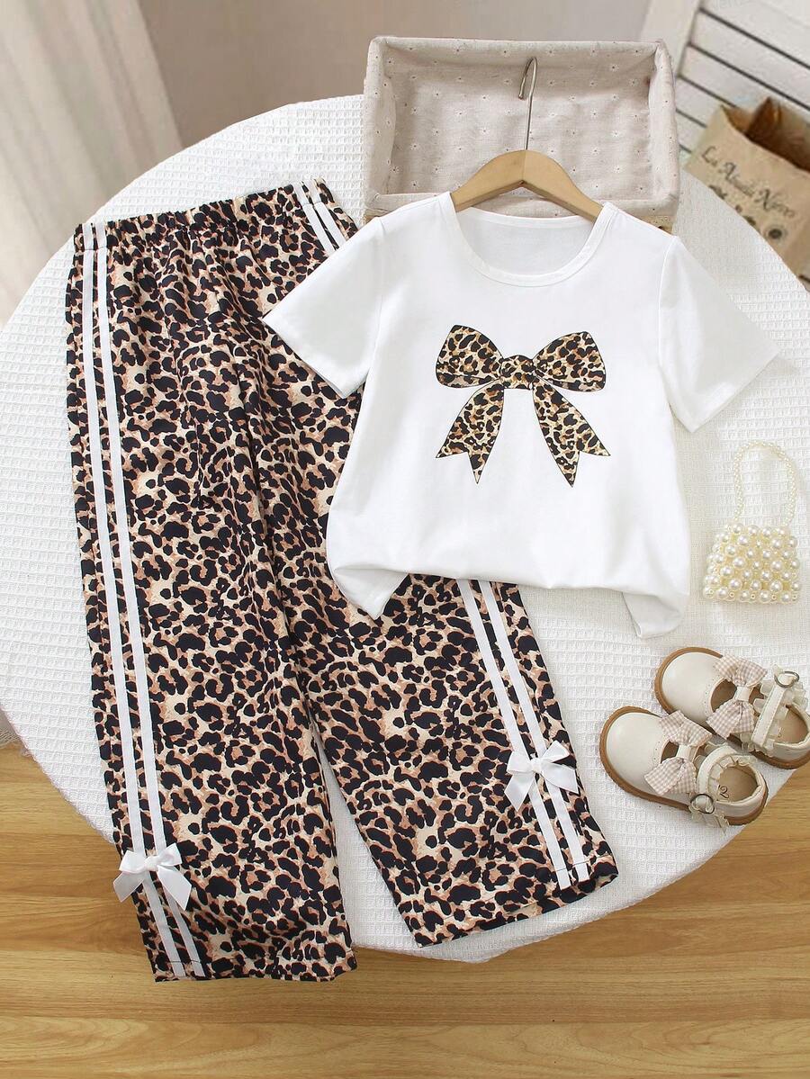 Set de 2 piezas de blusa con corbata de moño con estampado de leopardo y pantalones anchos casuales para niñas preadolescentes, primavera/verano - Blanco - Ver 1