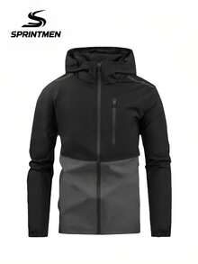 1pc Men's Black & Grey Contrast Splice Hooded Jacket, Men's Sports Windbreaker, Casual Jacket, Men's Bomber Jacket, Reflective Stripe Design, Side Pockets, Machine Washable, Outdoor Running Cycling Hiking Casual Sports Jacket, Men's Outerwear - Grey - View 4