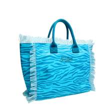 Canvas-Strandtasche Mit Quasten, Große Kapazität, Reise- Und Stadttasche - Zebra Blue - View 5