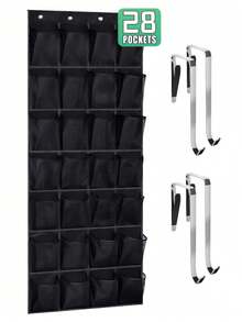 1pc Large Capacity Hanging Shoe Rack: Features 28 Pockets & 4 Metal Hooks For Heavy Items. Creates Instant Storage For Shoes, Cleaning Supplies & Organization. Back Of Closet Organizer, Behind Door Hanger, Nonslip Holders, Shoes, Sneakers And Home Accessories. Excellent For Rentals, Small Spaces & Closet Organization. Designed For Maximum Space Utilization In Modern Homes. - 黑色 - 查看 1