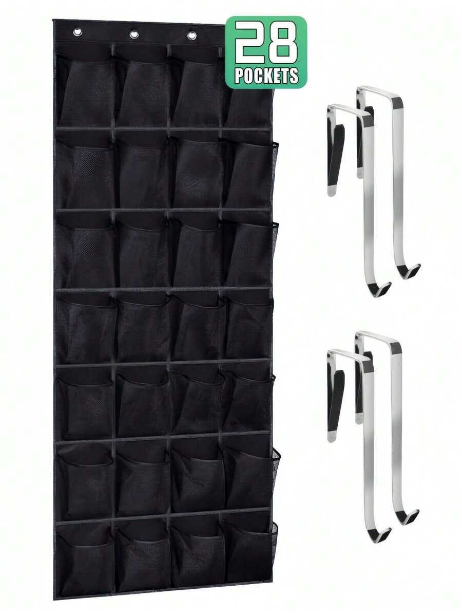 1pc Large Capacity Hanging Shoe Rack: Features 28 Pockets & 4 Metal Hooks For Heavy Items. Creates Instant Storage For Shoes, Cleaning Supplies & Organization. Back Of Closet Organizer, Behind Door Hanger, Nonslip Holders, Shoes, Sneakers And Home Accessories. Excellent For Rentals, Small Spaces & Closet Organization. Designed For Maximum Space Utilization In Modern Homes. - 黑色 - 查看 1