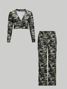 Summer 2pcs/Set Women Fashion Popular Camouflage V-Neck Button-Up Top Pants With Drawstring Waist | Elegant Casual Y2K Style Lightweight & Comfortable Fabric, Vacation Outfits For Women - 軍綠色 - 查看 4