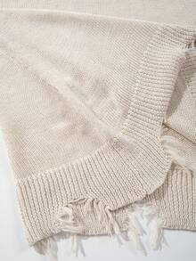 Casual Loose Ripped Fringe V-Neck Short Sleeve Knit Top, Neutral Street Style For Spring/Summer, Apricot - Apricot - View 9