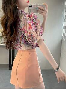Summer Elegant Women's Floral Pattern Sheer Lantern Sleeve Short Sleeve Blouse Vacation - Multicolor - View 2