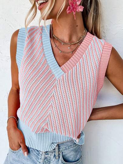 Acelitt Chaleco sin mangas de lana de cuello en V de punto acanalado con rayas multicolores contrastantes para vacaciones de verano