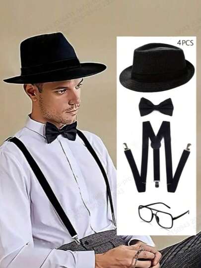 D EXCEED 4pcs/Set 1920s Style Adjustable Men's Costume Accessories Set, Including Hat, Suspenders, Prop Glasses And Bow Tie, Suitable For 1920s Theme Party And Gangster Outfit