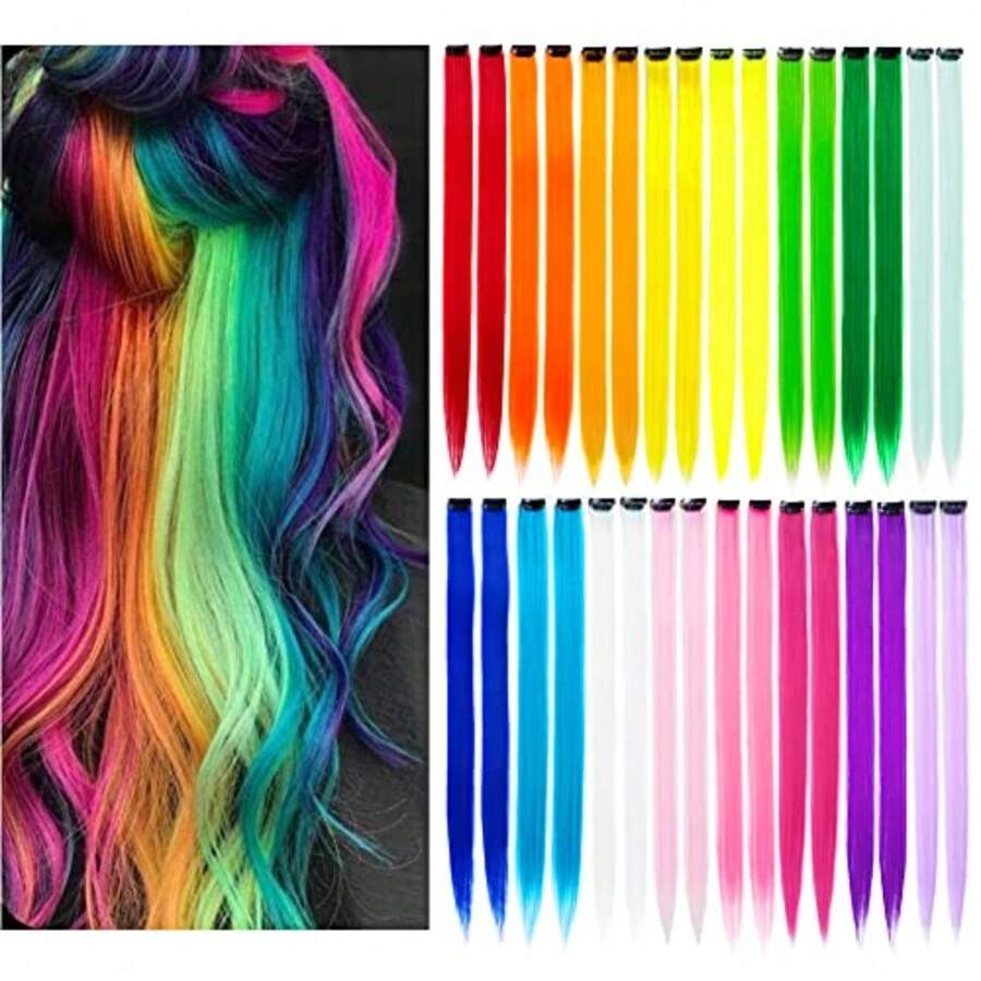 32Packs Colored Hair Extensions 20Inch Straight Color Clip in on Hair Extension Rainbow Party Highlights Synthetic Hairpiece 16 colors - Color arcoíris 32 piezas - Ver 1