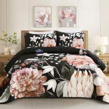 Floral Quilt Queen Size - 3 Pieces Black Quilt Botanical Bedspread Soft Lightweight Flower Bedding Set for All Season 96"x90" - Negro - Ver 2
