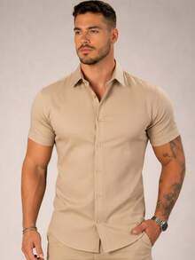 Premium Slim Fit Short Sleeve Luxury Dress Shirt - Màu be - Xem 1