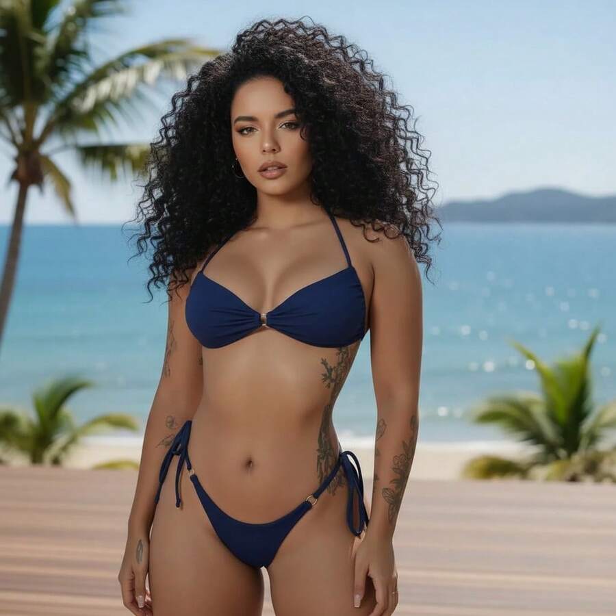 Maré&Cia Lara Bikini Set: Inverted Triangle Top With Thong Bottom With Metal Ring Details - Beachwear - Marina - Ver 1