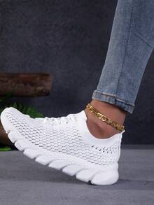36-44 White Knitted Women's Lace-Up Casual Sports Shoes, Mesh Breathable Lightweight Versatile Outdoor Summer Commute/Walking/Daily/Tennis/Back To School - White - View 11
