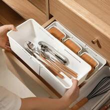 ZUKI Drawer Organizer Box For Home, Retractable Sorting, Kitchen Compartments, Underwear, Desktop Cutlery Storage Box, Sorting Sock Box - White - View 2