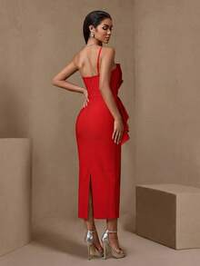 Elegant Red Strapless Long Pleated Floral Party Dress - Red - View 2