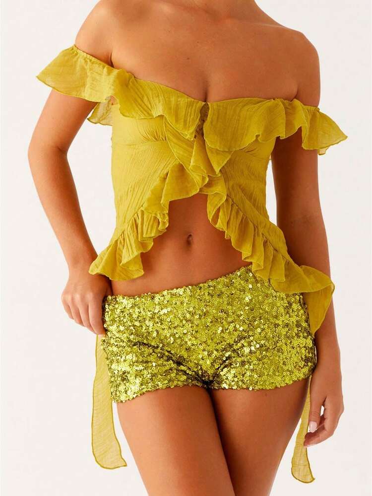 Women's Summer Off Shoulder Ruffle Trim Solid Color Backless Cropped Tops  Soft Stretchy For Streetwear Daily Going Out Vacation - Green - View 1