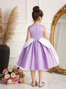 Young Girls' Sleeveless Beaded Contrast Color Big Bow Satin Elegant Flower Girl Dress, Suitable For Piano Recital, Wedding, Graduation, Prom, Celebration Events, Faux Pearl Decor (Headband Not Included) - Mauve Purple - View 6