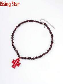 1 chiếc vòng cổ hạt đá garnet tự nhiên kiểu punk cổ điển, bất đối xứng, kèm mặt dây chuyền hình chữ thập đỏ, thích hợp cho phụ nữ đeo hàng ngày hoặc tại các lễ hội âm nhạc. - vòng cổ chữ thập đỏ - Xem 5