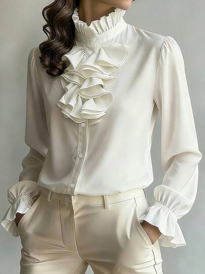 Women's Casual Elegant Button Front Long Sleeve Shirt, Solid Color With Pleated Ruffle/Frill Knot Detail White Spring