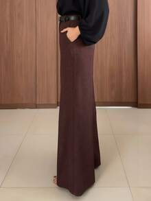 女士优雅高腰阔腿裤，红棕色，褶裥细节设计，通勤和日常穿着必备单品（含腰带） - 紅棕色 - 查看 4