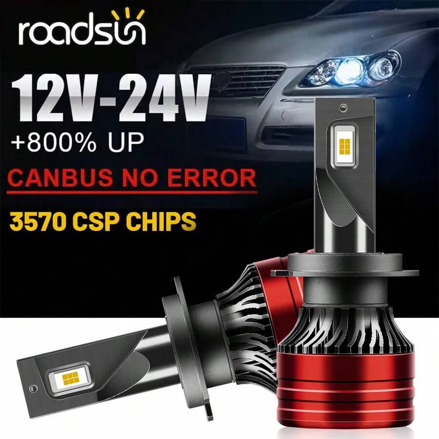 Bộ 2 bóng đèn pha LED Roadsun H4 H7 H11 9005 9006 H1 cho ô tô, công suất 160W, độ sáng 24000LM, nhiệt độ màu 6500K, điện áp 12V.
