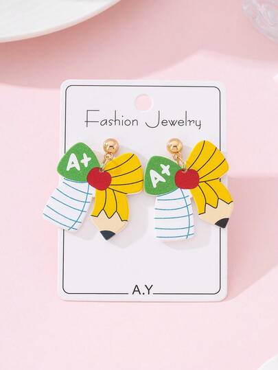 1 Pair Teacher's Day Cute Bow Pencil Painted Faux Soft Clay Design Women's Fashion Jewelry Earrings, Suitable As Gift For Back To School Or Graduation Season