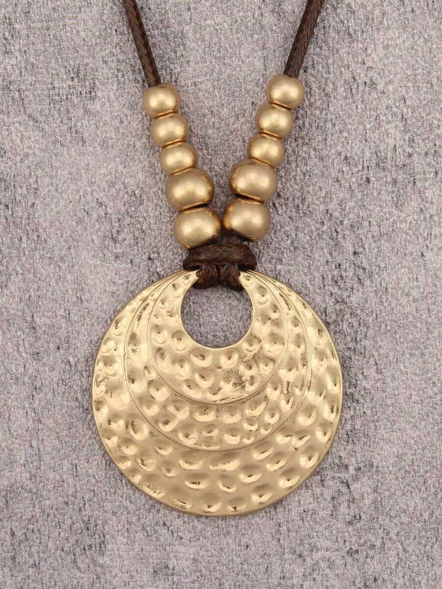 1 Peça Colar Elegante e Fashionista de Círculo Ondulado Dourado e Prateado, Colar de Pingente de Contas Personalizado Boêmio, Presente de Joias para Amigos e Família, Acessório Diário para Festa, Praia, Viagem - Corda de cera - Visão 1