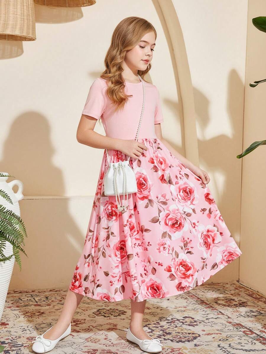 Girls' Ink Flower Print Patchwork Round Neck Short Sleeve Casual Dress, Suitable For Older Tween Girl - Pink - View 1