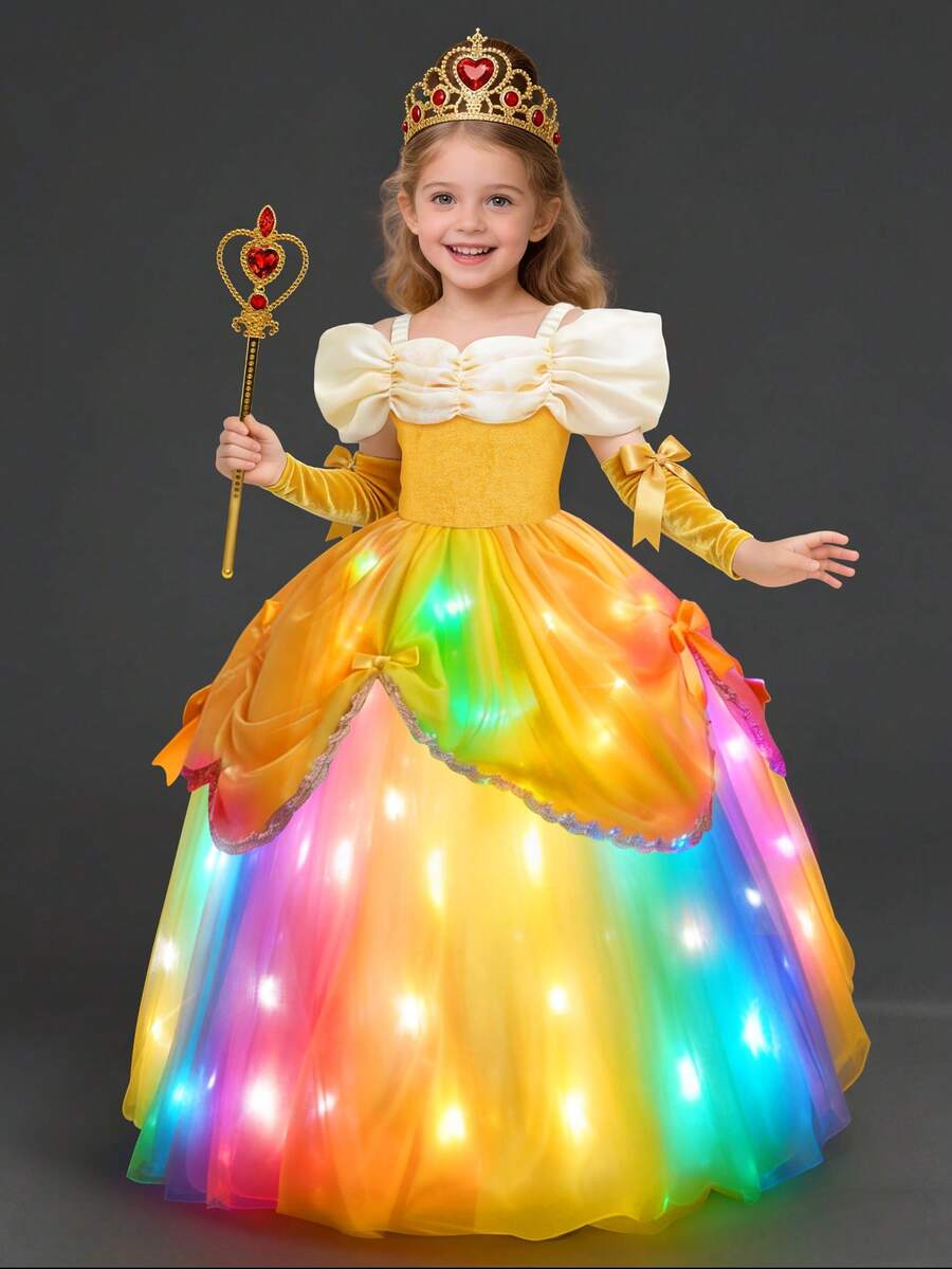 Girls' Princess Dress, Birthday Party Luminous Costume, Synchronized With Music, Remote Control App, Suitable For Cosplay, Includes Crown, Magic Wand, Gloves, Necklace (Batteries Not Included)