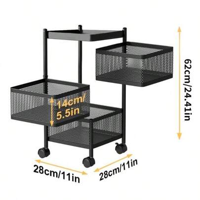 Movable Kitchen Storage Rack 3-5 Tier Mesh Organizer For Kitchen Bathroom & Office Space-Saving 360° Rotating Shelves For Spices Fruits Vegetables Toiletries Black Carbon Steel Traditional Basket Smooth Baking No Installation Required