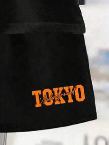 Conjunto informal para niño pequeño: Camiseta de manga corta con cuello redondo con estampado de letras y autos de carreras, y pantalones cortos - Negro - Ver 6