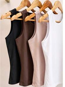 Set Of 4 Women's Tank Tops, Premium Winter Blouse, Plain, Fashionable, Summer, Basic And Versatile, Black, Brown, Nude, White - BLACK WHITE NUDE BROWN - View 3
