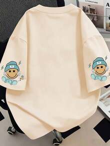 Camiseta básica de manga corta para mujer con estampado de tablero de ajedrez, cara de dibujo animado sonriente, gráfico de monopatín y eslogan divertido - Beis - Ver 2