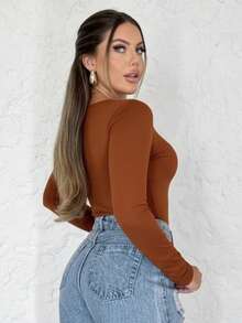 Kit 1, 3 Bodysuits, Women's Shaping Bodysuit, Second Skin Style, Square Neckline, Long Sleeves, Basic, High Fashion, Versatile, Elegant, Blogger Style - 可可 - 查看 3