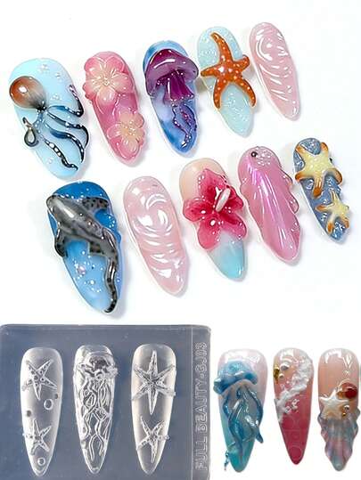 1 Pc Ocean Animal Silicone Nail Carving Mold Jellyfish Starfish Bubbles Design Mould Stamping Plate DIY Nails Template Manicure Tools