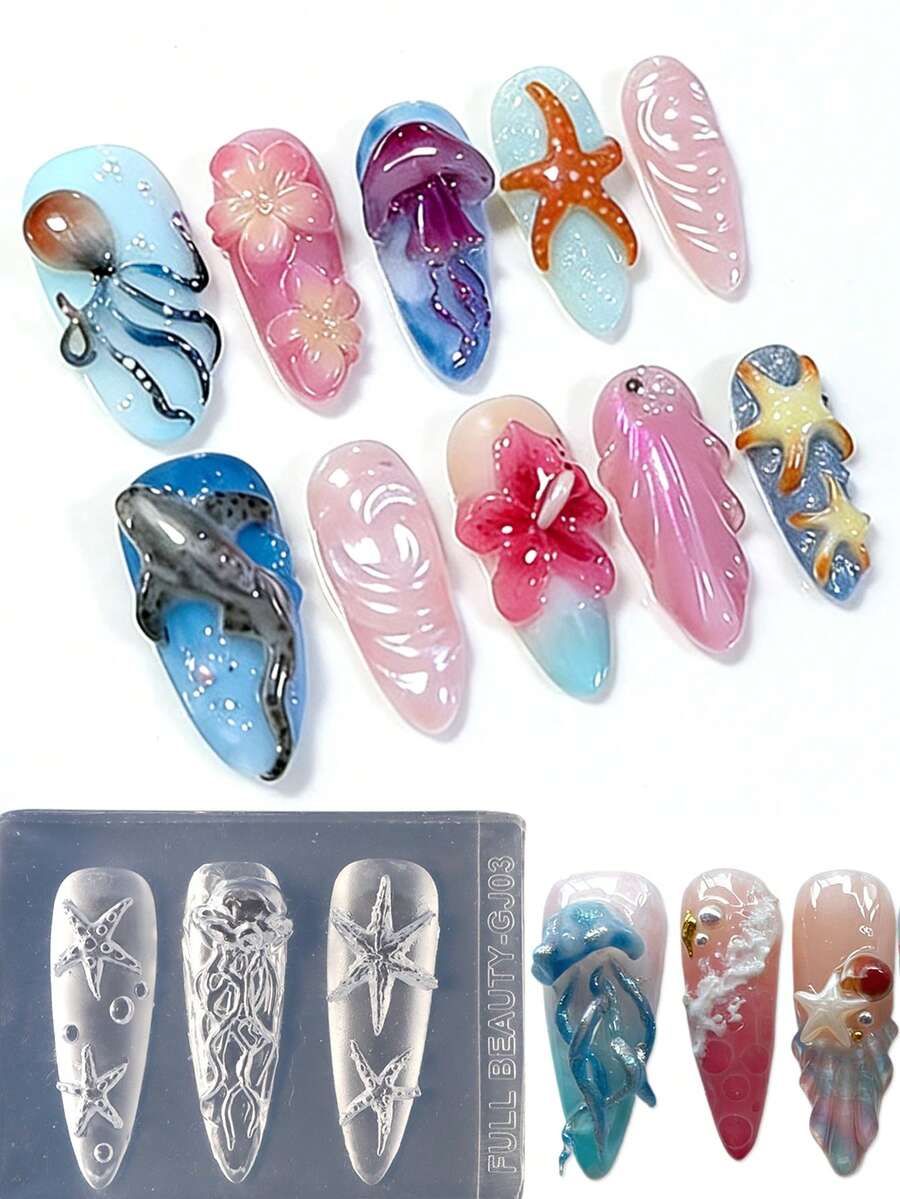 1pc Marine Animal Silicone Nail Carving Mold, Includes Jellyfish, Starfish, Bubble Patterns, DIY Nail Template Manicure Tool - Clear - View 1