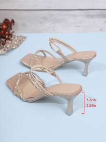 Giày sandal cao gót mũi vuông đính đá cho nữ - Giày cao gót quai ngang đính pha lê lấp lánh với gót loe, giày dự tiệc cưới thanh lịch. - Hoa hồng vàng - Xem 8