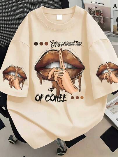 Áo thun cổ tròn in hình cử chỉ môi, cỡ lớn dành cho nữ, kiểu dáng thường ngày mùa hè, tay ngắn thời trang. Thích hợp cho kỳ nghỉ hè, đi nghỉ dưỡng, mặc đi nghỉ mát, mặc mùa xuân, mặc ngày Valentine.