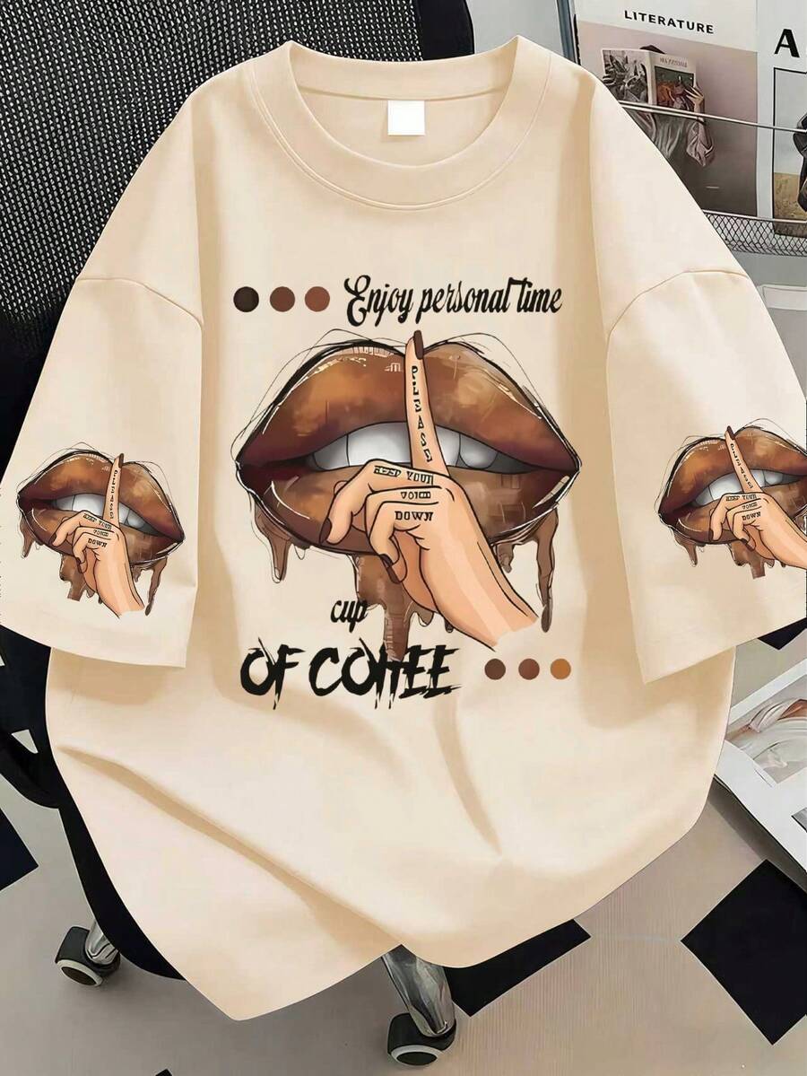 唇形圖案印花圓領T恤,大尺碼女款休閒夏季上衣,時尚袖口印花短袖波點圓點 - 杏色 - 查看 1