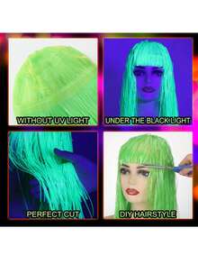1顶夜光箔片假发，紫外线反应闪亮派对假发，在黑光灯下会发光，适合女性、男性、成人，可用于拍照、生日装饰、70年代80年代角色扮演，现有绿色、品红色、黄色、橙色可选。 - 多色款 - 查看 7