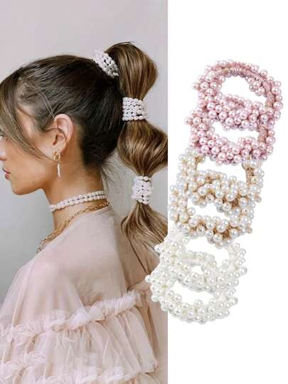 6pcs Pearl Hair Scrunchies Bracelet 2-In-1 Hair Accessories, Handmade Beaded Elastic Hair Ties Ponytail Holders Hair Elastics Hair Rubber Bands Hair Rope Elastic Hair Tie