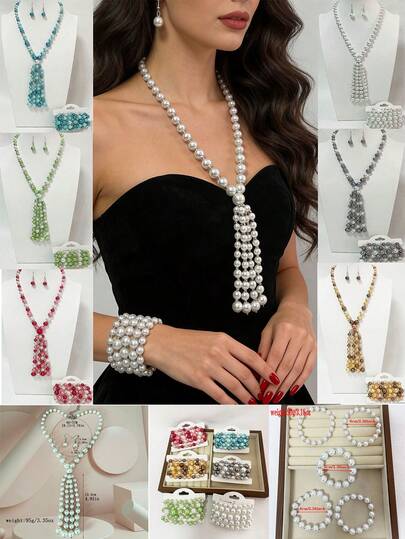 1 set 8 pièces Ensemble de bijoux en perles de verre fausses - Collier, Bracelet, Boucles d'oreilles, Bijoux en perles élégants pour femmes, Convient pour le mariage, la fête, le port quotidien, toutes les saisons