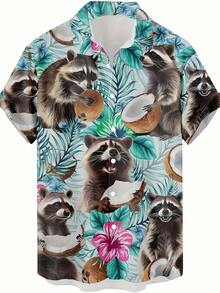 Playful Raccoons Holding Coconuts Among Tropical Leaves And Hibiscus Flowers Create A Joyful Island Vibe 3D Print Hawaiian Style Men's Short Sleeve Button Up Shirt - trắng - Xem 4