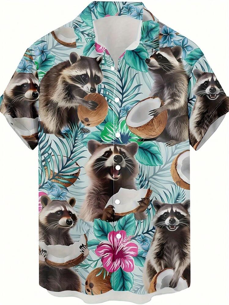 Playful Raccoons Holding Coconuts Among Tropical Leaves And Hibiscus Flowers Create A Joyful Island Vibe 3D Print Hawaiian Style Men's Short Sleeve Button Up Shirt - trắng - Xem 4