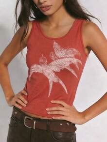 Áo tank top nữ màu đỏ gỉ in hình chim én phong cách Y2K - Áo ôm dáng, cổ chữ U, không tay, chất liệu gân, gợi cảm, phong cách đường phố thường ngày, trang phục mùa hè cho nữ, trang phục đi biển, trang phục dự tiệc, áo đi chơi, phong cách tối giản retro, trang phục lễ hội. - Đỏ - Xem 5