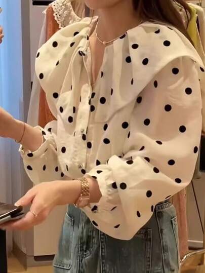 レディース ドットシャツ 水玉柄シフォンブラウス カットソー裏地付 爽やか ゆったり着痩せ カジュアルおしゃれ シンプル可愛い 大人スタイル 長袖 通勤・デート 春・秋