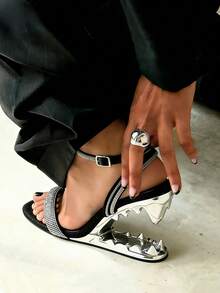 Women Sandals Strappy High Heels Round Open Toe Buckle Heels Shark Tiger Teeth Wedge Heels Sandals Slip-On Party Wedding Dress Shoes - 黑色 - 查看 11
