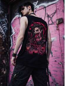 Camiseta de tirantes con estampado de calavera gótico punk para hombres, estilo callejero con ajuste muscular - Negro - Ver 4