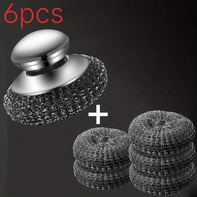 6pcs SUS Handle Wire Ball Cleaning Brush Plus 5 Replacement Balls, Dish Cleaning Brush Does Not Hurt The Pot, Professionally Removes Stubborn Stains, Suitable For Cast, Grills, Stoves, Sinks, Pots, Essential Household Tools